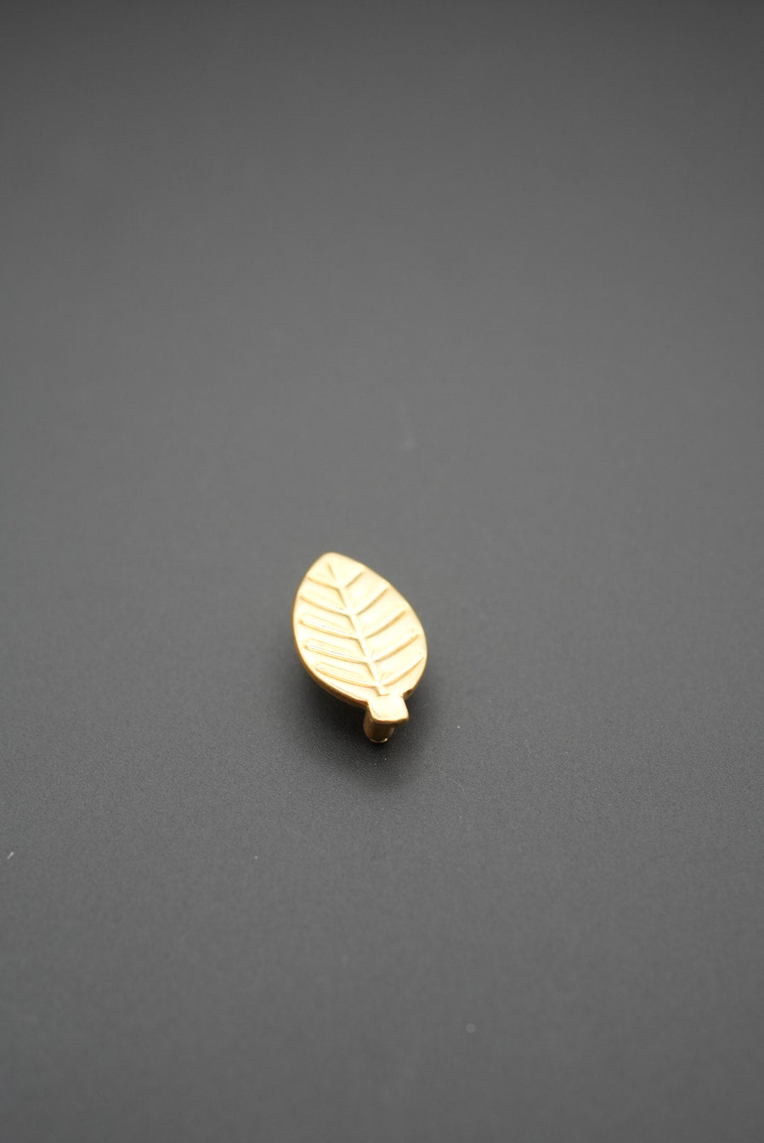 Vista frontal de tirador dorado en forma de hoja con relieve
