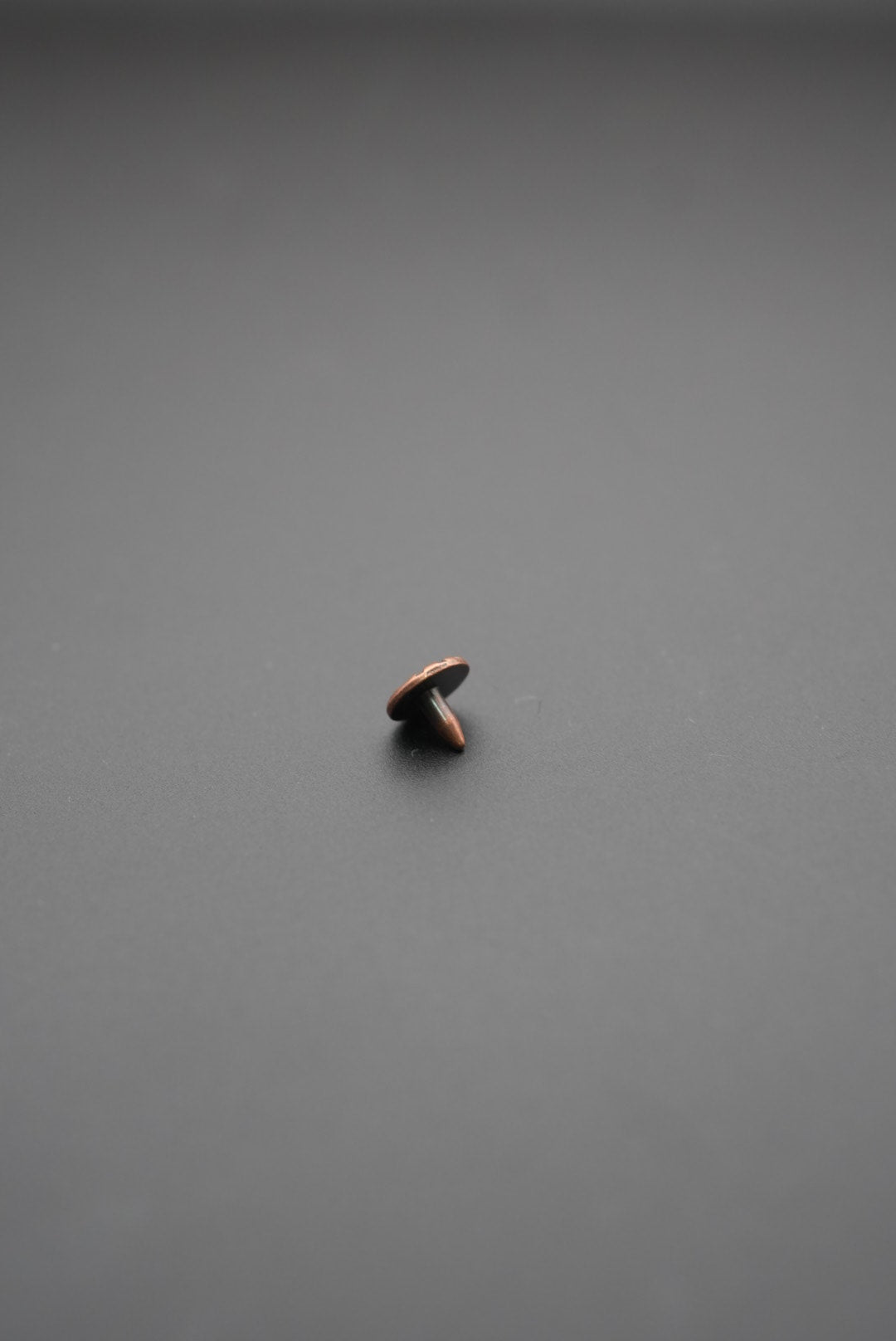 Remache metálico visto de lado sobre fondo gris