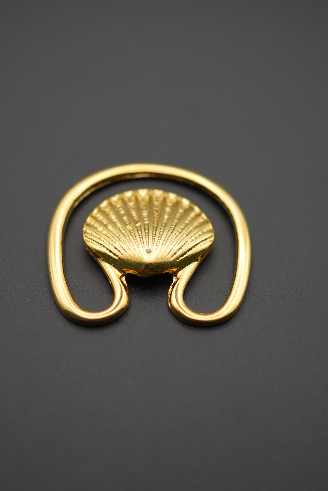 Gancho metálico dorado con textura de concha en superficie negra, detalle lateral
