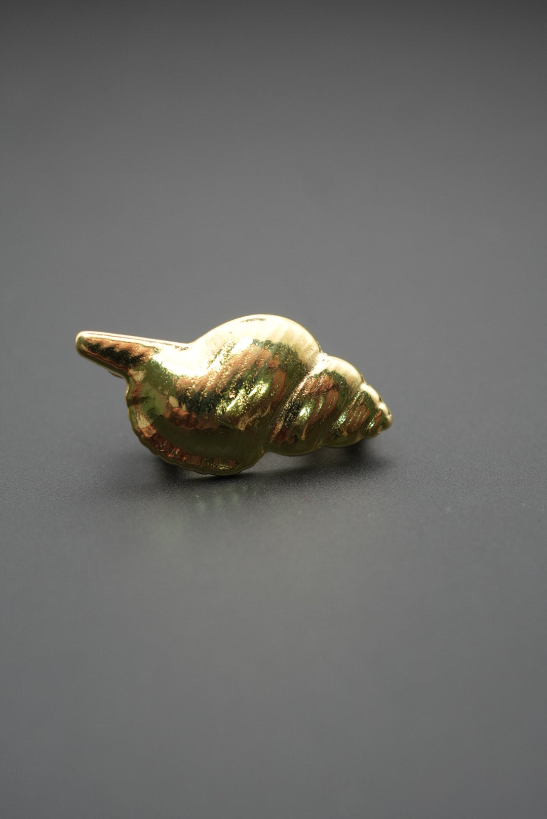 Pin metálico dorado en forma de concha marina sobre fondo gris oscuro vista lateral elevada